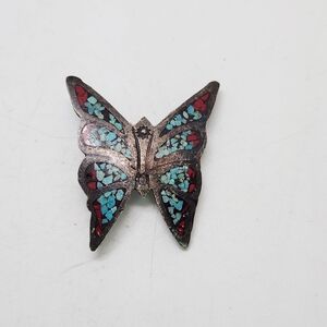 Vtg Navajo Sterling Silver Turquoise Coral Chip Inlay Butterfly Bolo Tie Slide